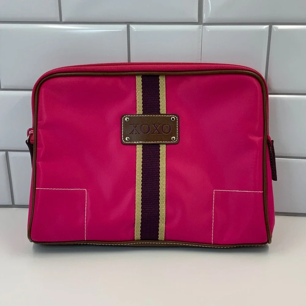 XOXO Hot Pink Nylon Cosmetic‎ Bag Makeup Pouch Brown Trim Striped Accent